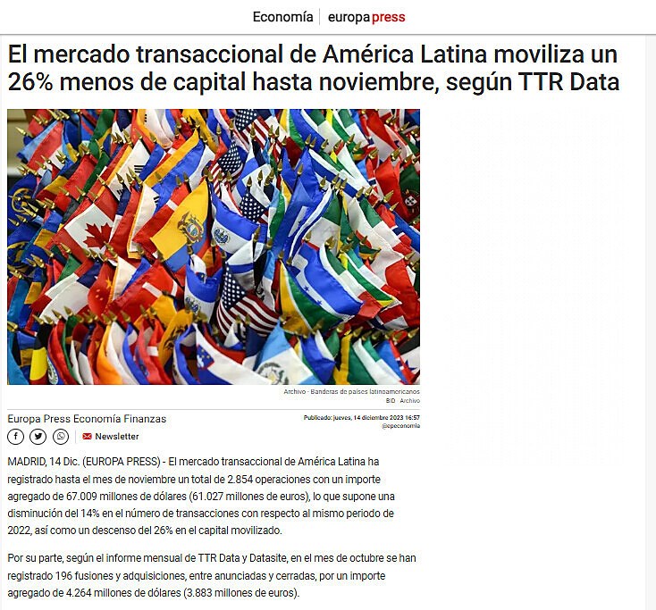 El mercado transaccional de Amrica Latina moviliza un 26% menos de capital hasta noviembre, segn TTR Data